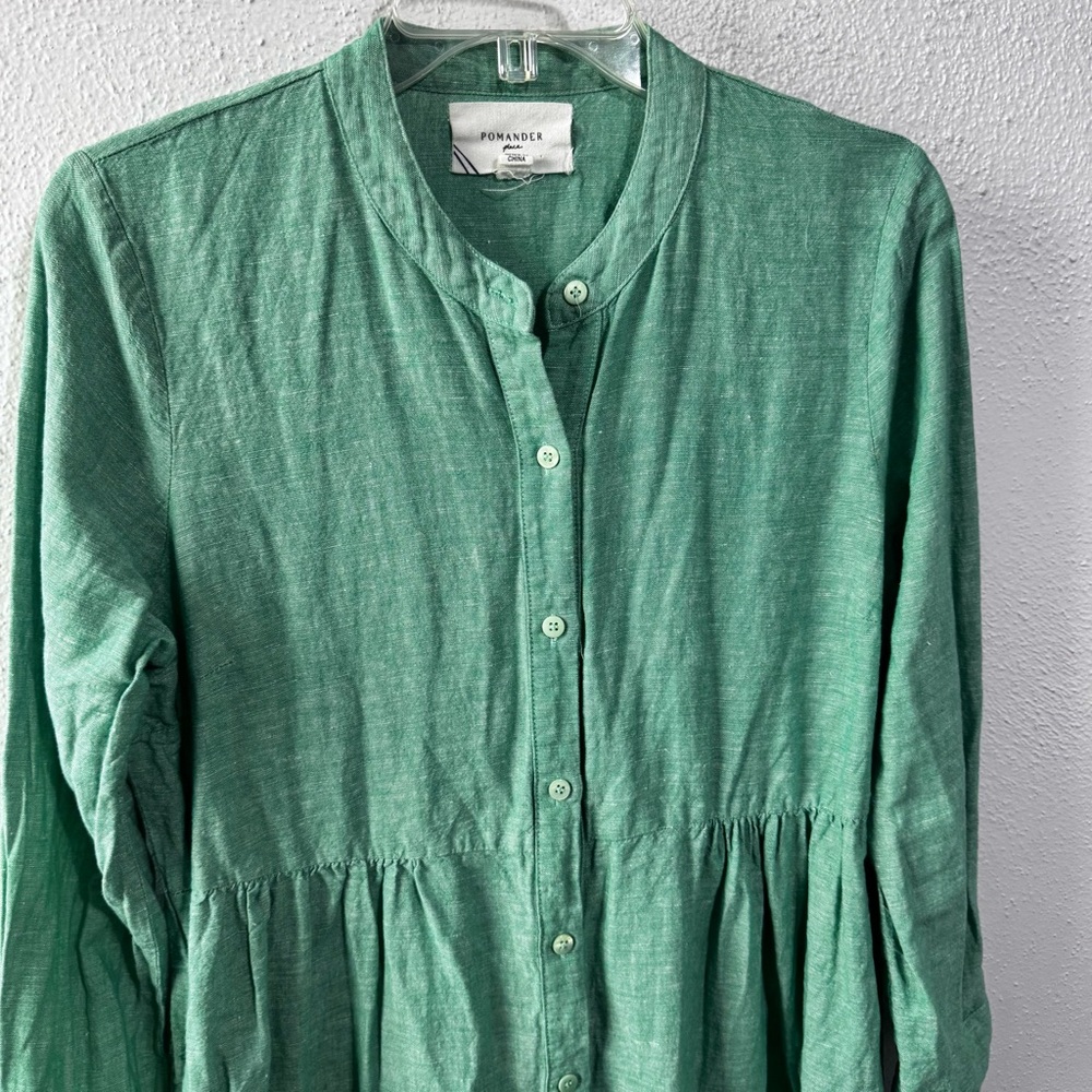 Pomander Place Green Button-Up Shirt line cotton medium Lagenlook - Picture 2 of 7